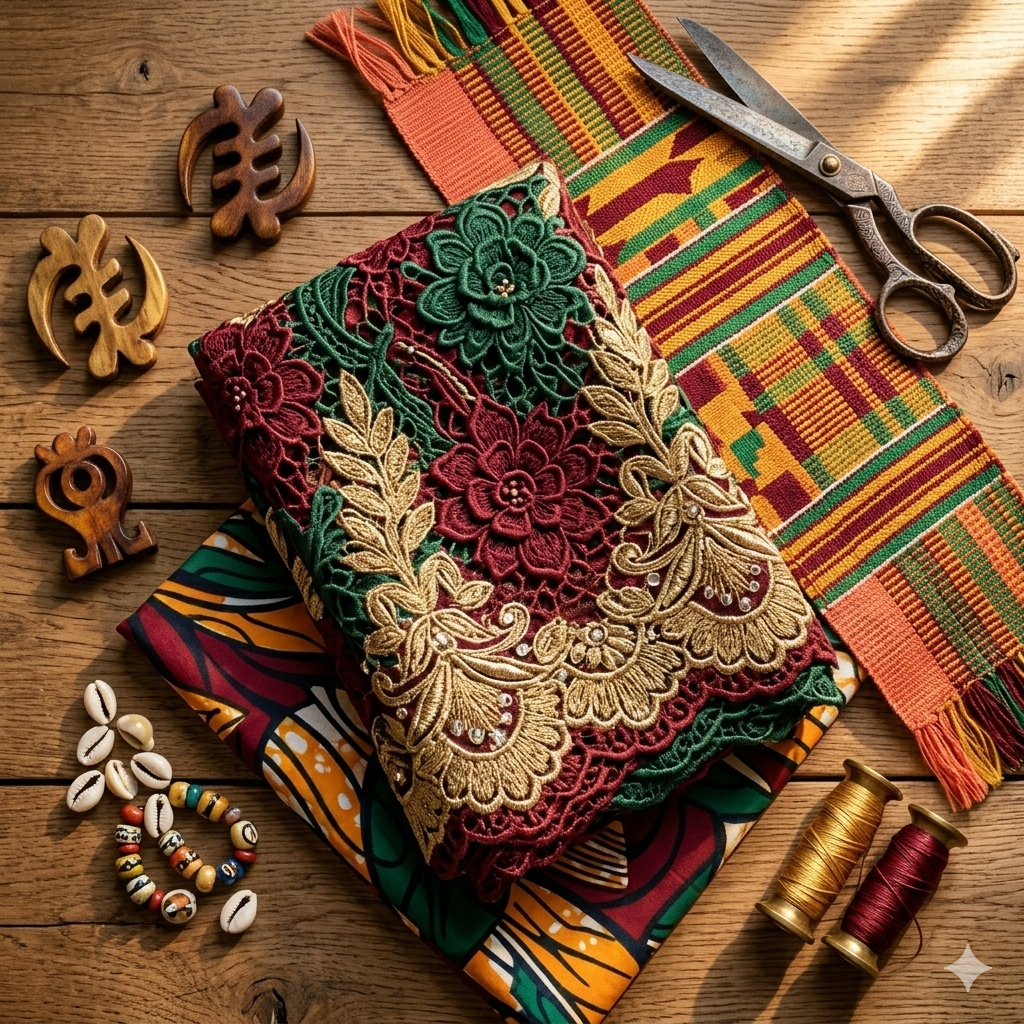 Authentic African fabrics — kente, lace, and embroidery — at Glorious Fashion