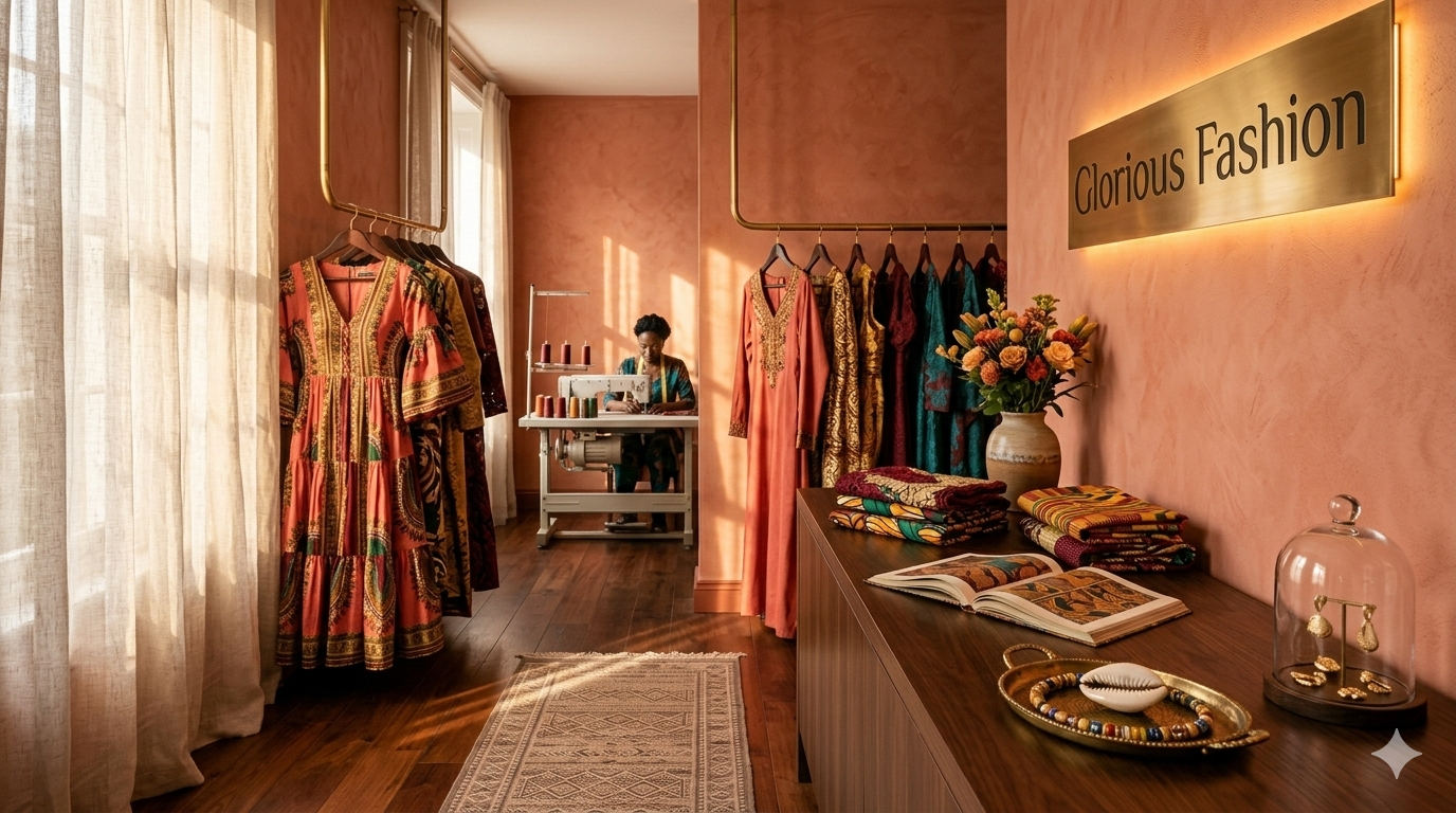 Inside Glorious Fashion boutique — rails of beautiful African dresses